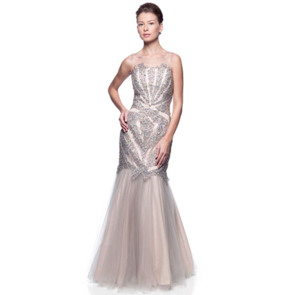 Terani Couture Dress Size 2 Silver Nude Long Trumpet Rhinestones Prom Homecoming